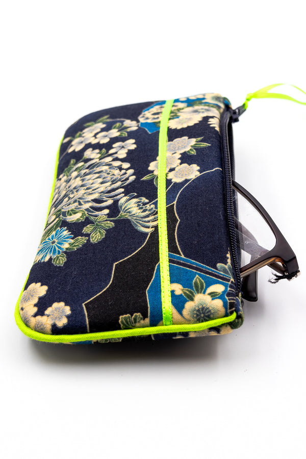 Etui à lunette - japanese flower/ vert fluo - tissu traditionnel Japonais