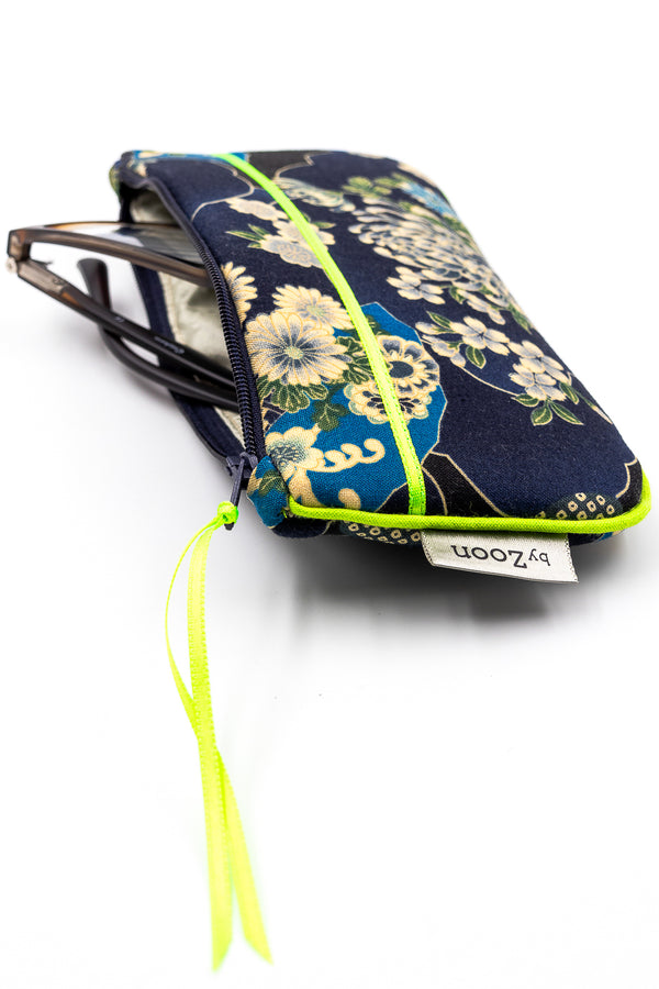 Etui à lunette - japanese flower/ vert fluo - tissu traditionnel Japonais