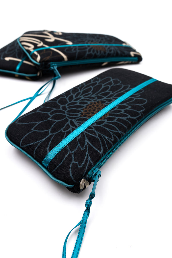 Etui à lunette - Black kiku/ bleu - tissu traditionnel Japonais