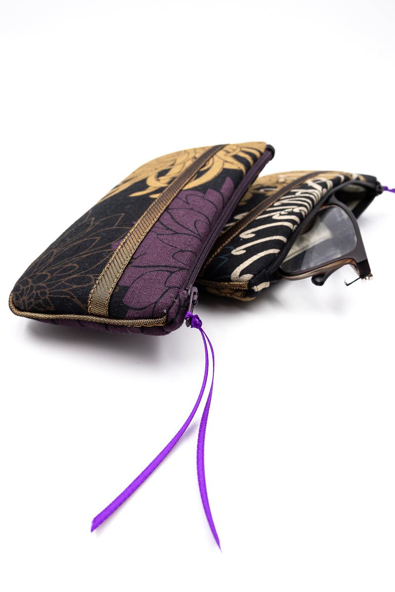 Etui à lunette - Black kiku/ metal bronze - tissu traditionnel Japonais