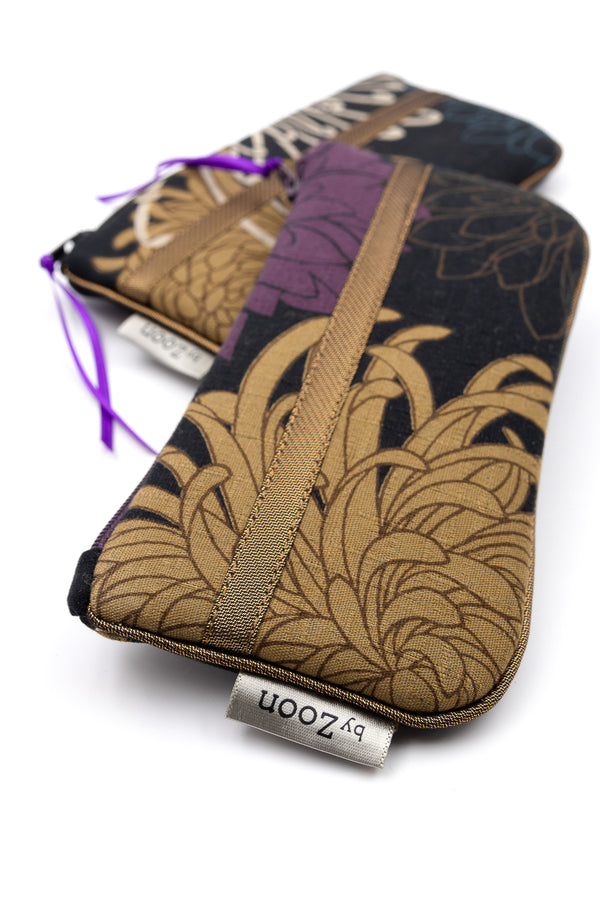 Etui à lunette - Black kiku/ metal bronze - tissu traditionnel Japonais