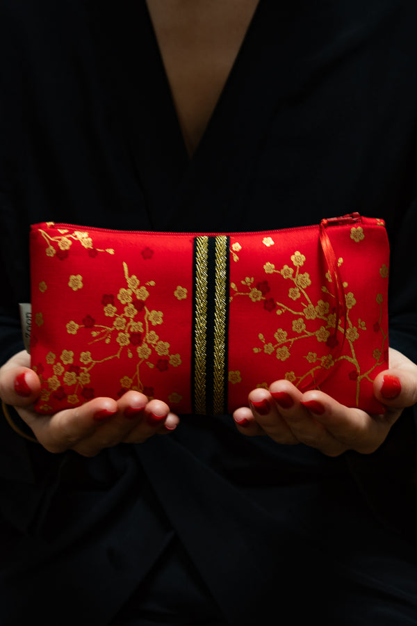 Trousse à maquillage S,M + Pinceau - Madame Butterfly/rouge - tissu japonais