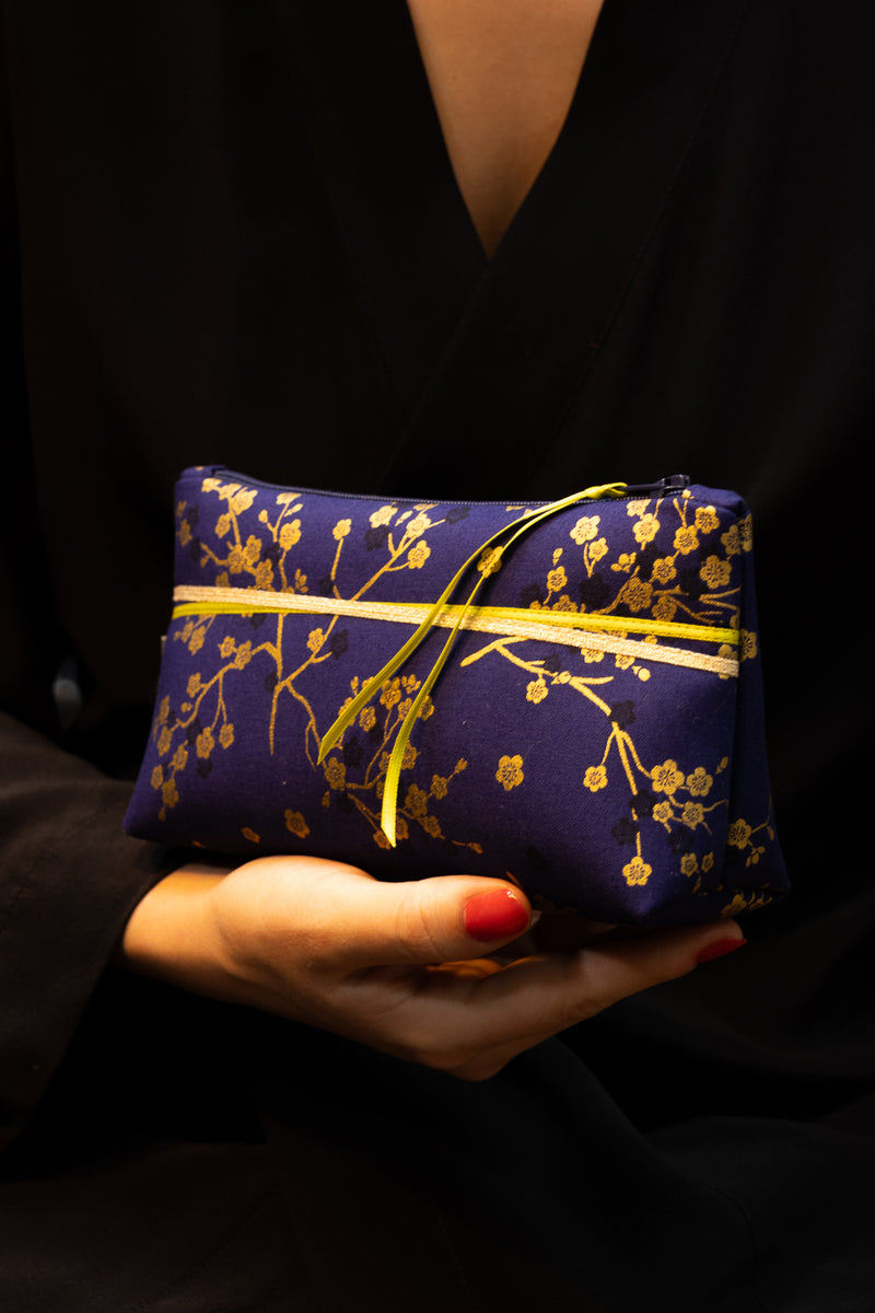 Trousse à maquillage S,M + Pinceau - Madame Butterfly/bleu - tissu japonais