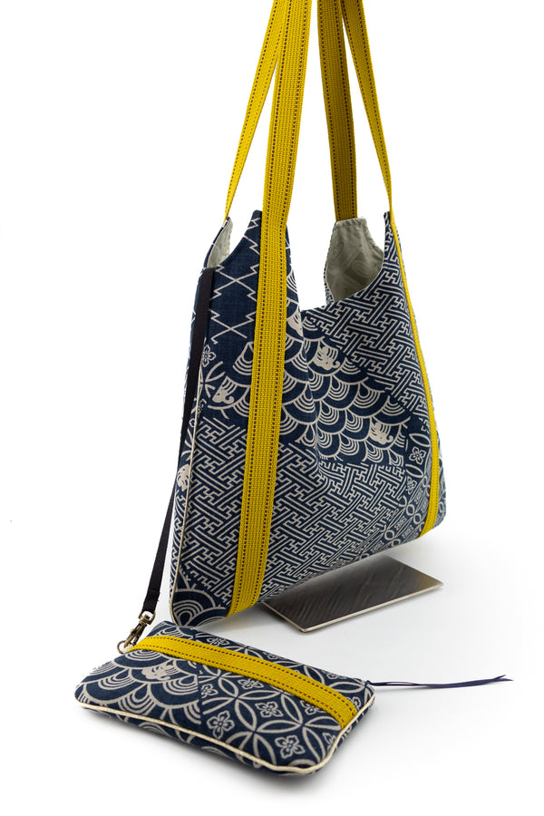 sac "Kumi"- Indigo "multi motifs" - tissu tradionnel japonais