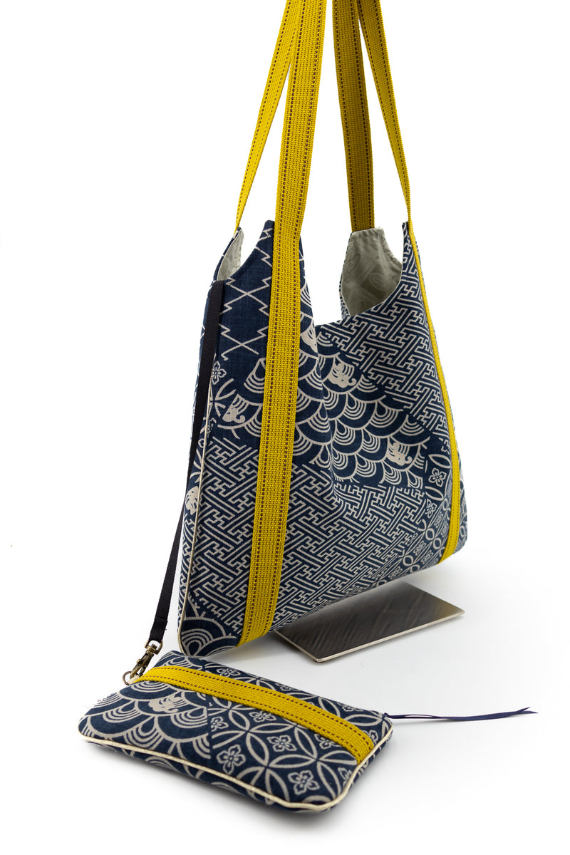 sac "Kumi"- Indigo "multi motifs" - tissu tradionnel japonais