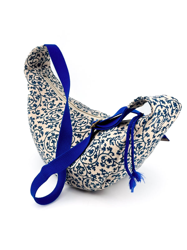 Sac "Moon bag" - motif "floral"bis/ bleu roi - tissu japonais peint à la main