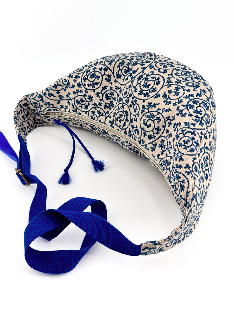 Sac "Moon bag" - motif "floral"bis/ bleu roi - tissu japonais peint à la main