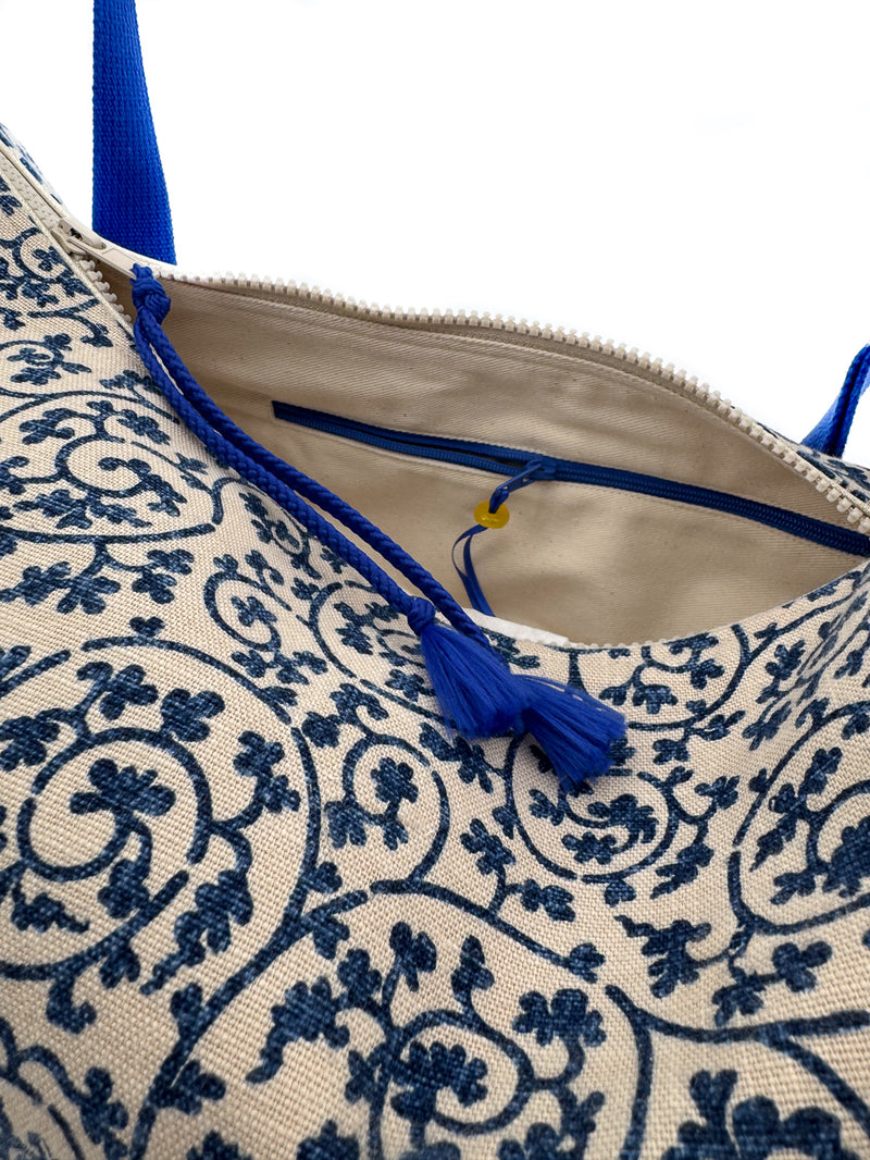 Sac "Moon bag" - motif "floral"bis/ bleu roi - tissu japonais peint à la main