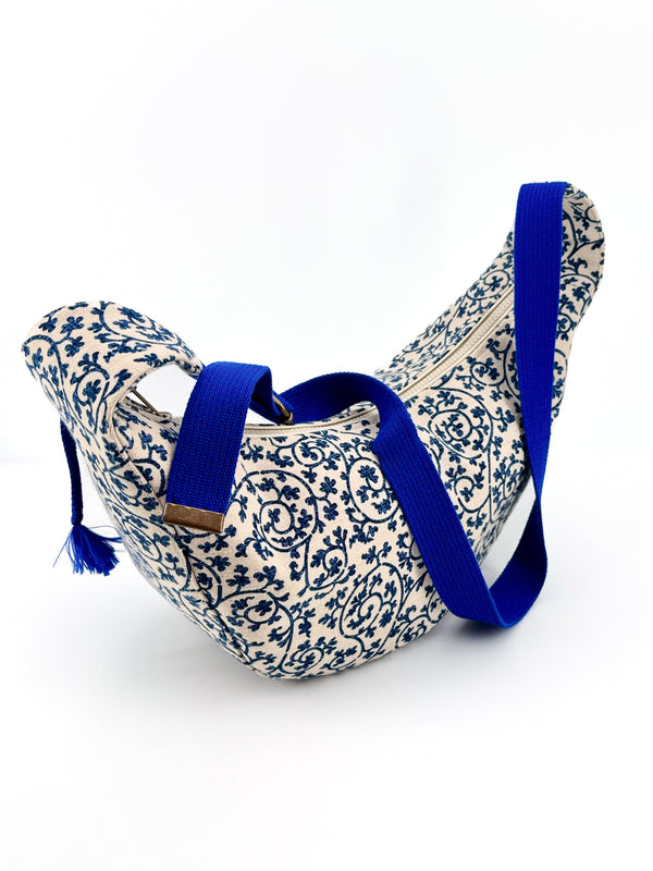Sac "Moon bag" - motif "floral"bis/ bleu roi - tissu japonais peint à la main