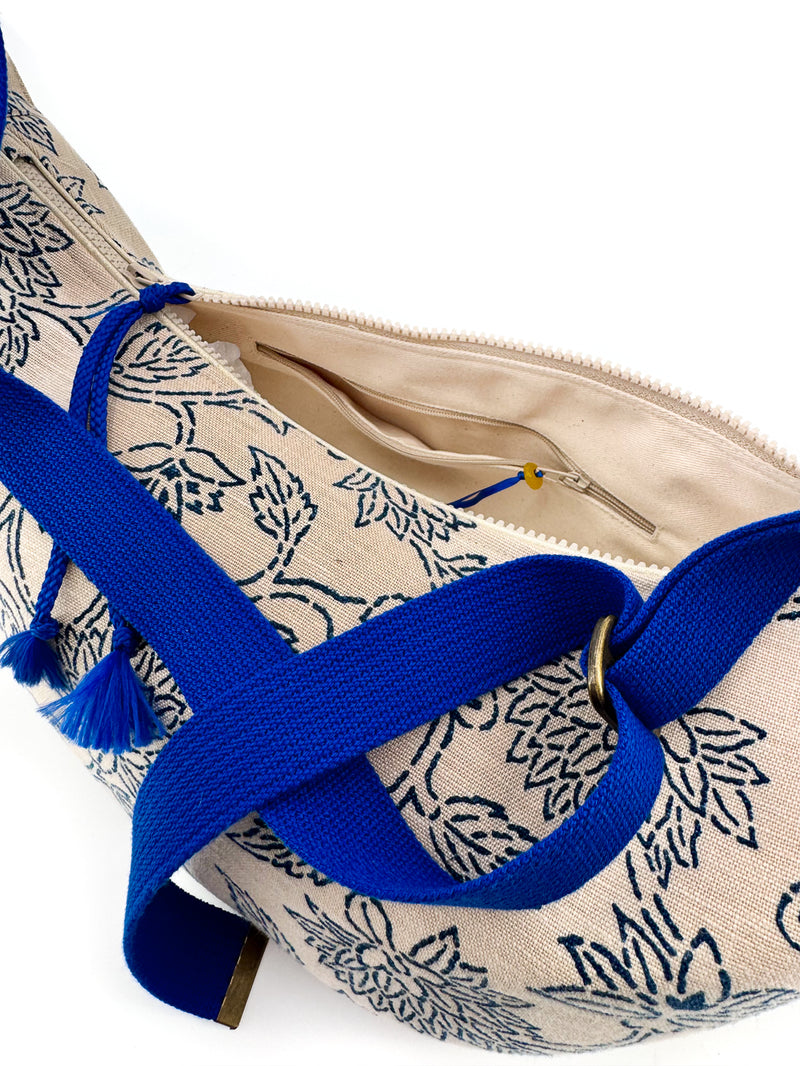 Sac "Moon bag" - motif "floral"/ bleu roi - tissu japonais peint à la main