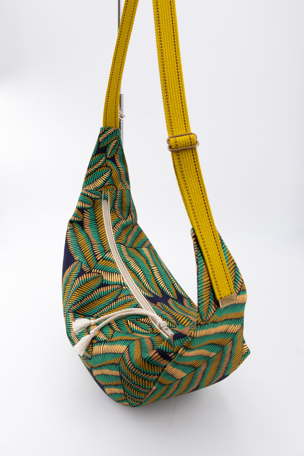 sac moon bag - motif "palme" vert/ocre - tissu français