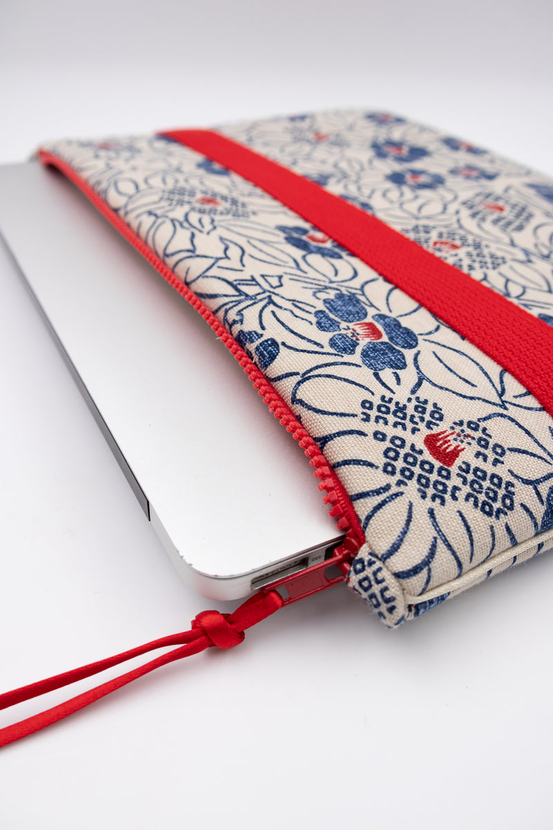 Housse ordinateur 11' - 13' - 15' au choix - motif floral/ blue&red - Indigo japonais fait main