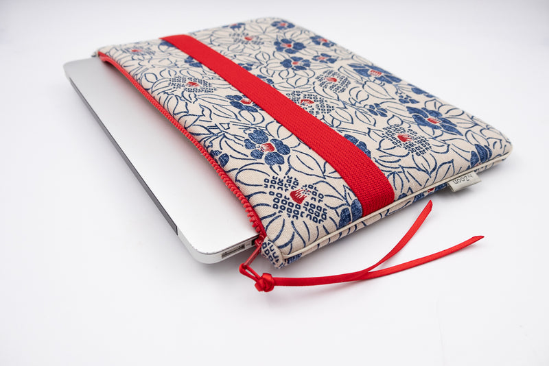 Housse ordinateur 11' - 13' - 15' au choix - motif floral/ blue&red - Indigo japonais fait main