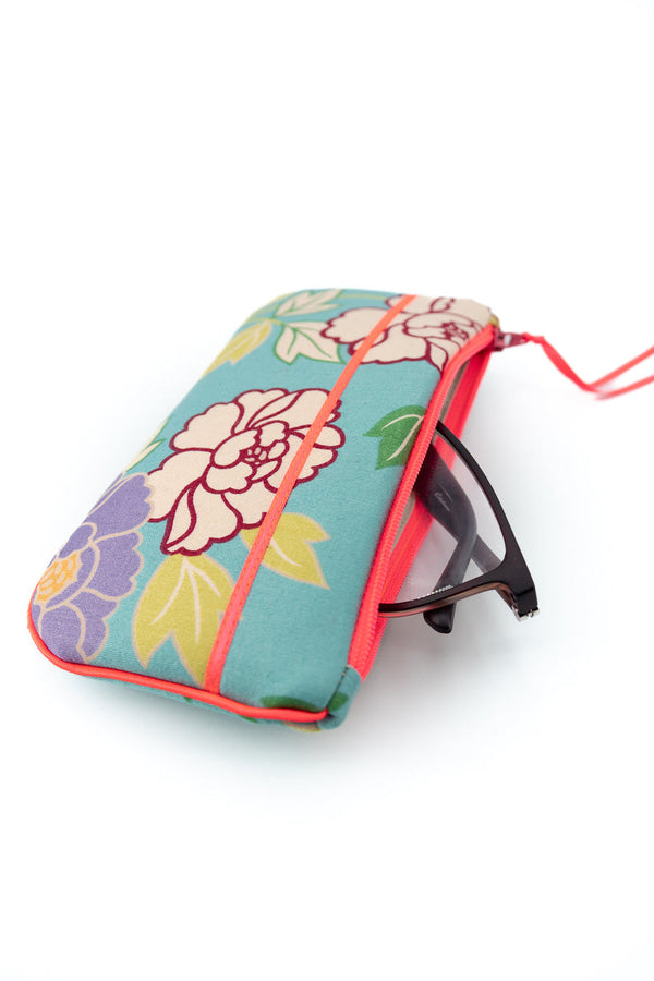Etui à lunette - serie "kimono"bleu/ rose fluo - tissu Japonais