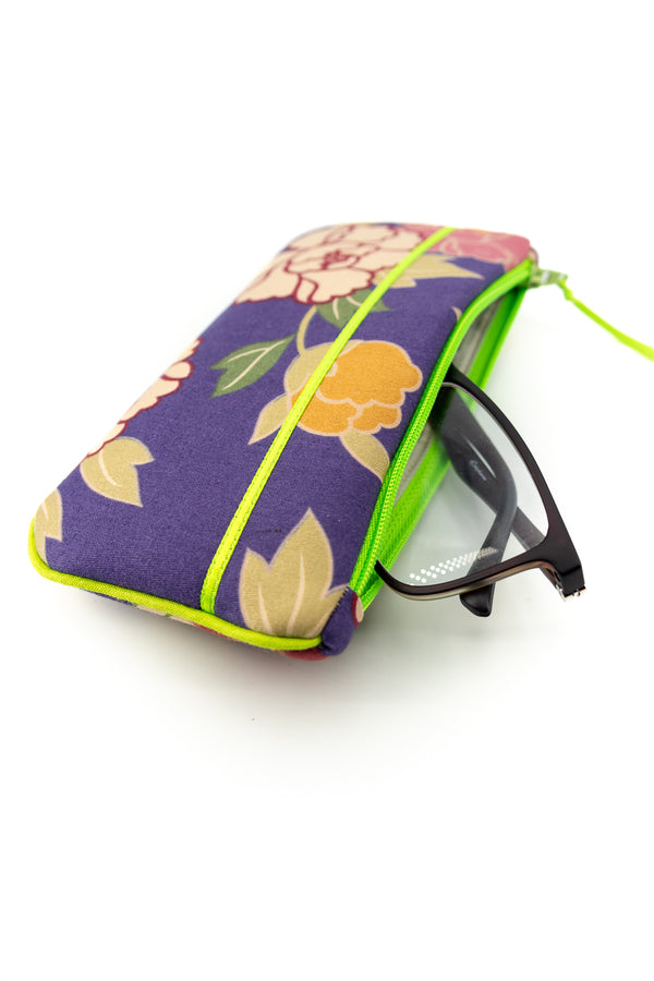 Etui à lunette - serie "kimono"violet/ vert fluo - tissu Japonais
