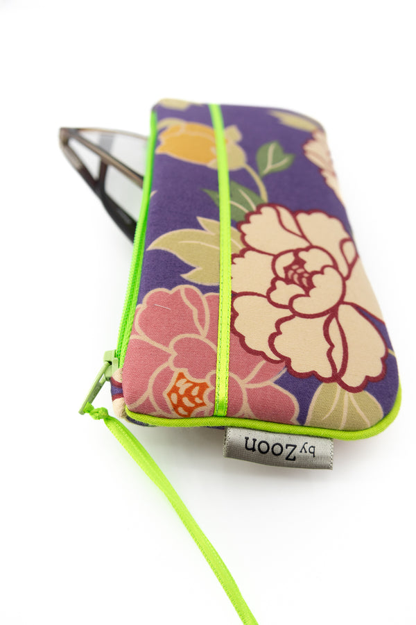 Etui à lunette - serie "kimono"violet/ vert fluo - tissu Japonais