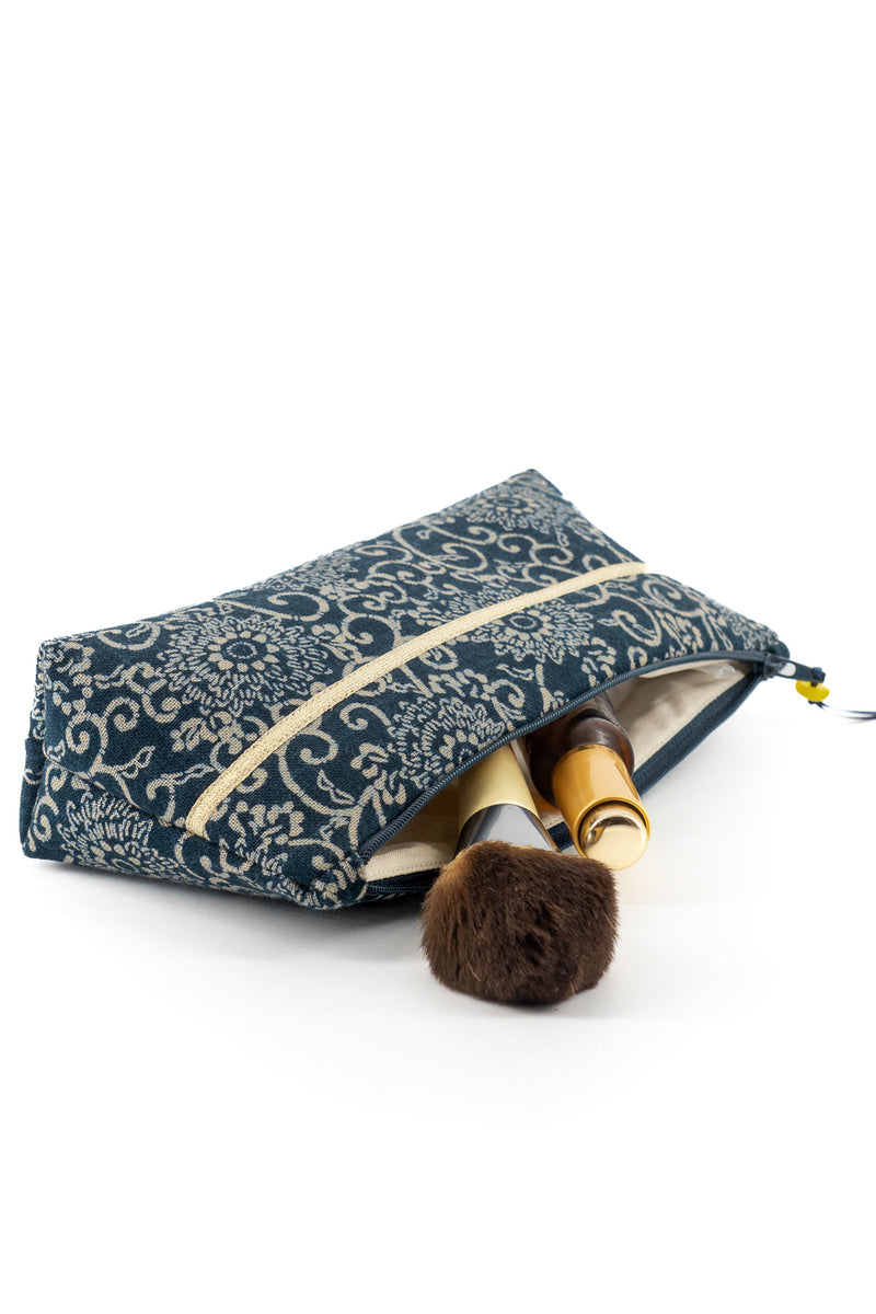 Trousse à maquillage S,M + Pinceau - indigo floral - Tissu japonais