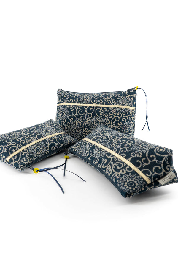 Trousse à maquillage S,M + Pinceau - indigo floral - Tissu japonais