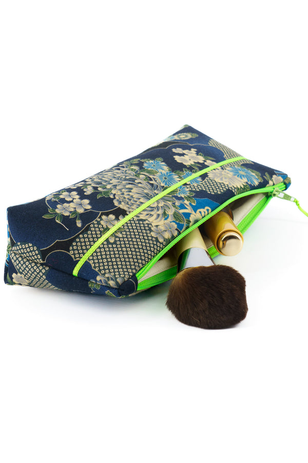 Trousse à maquillage S,M + Pinceau - série "japan flower"/ fluo - Tissu japonais