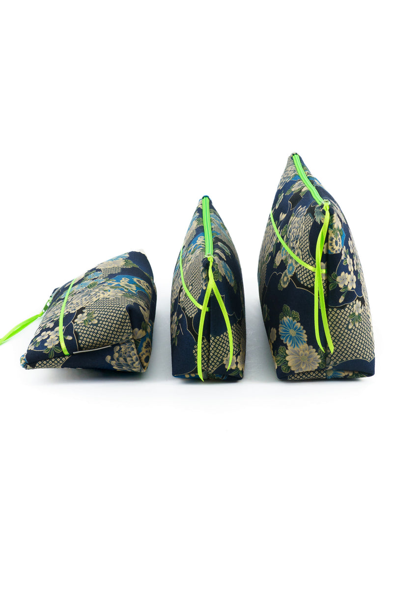 Trousse à maquillage S,M + Pinceau - série "japan flower"/ fluo - Tissu japonais