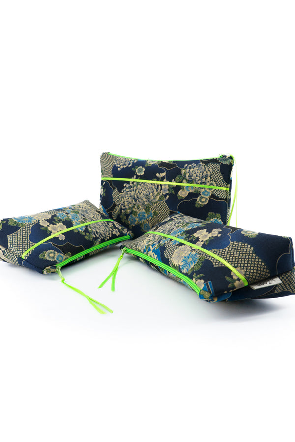 Trousse à maquillage S,M + Pinceau - série "japan flower"/ fluo - Tissu japonais