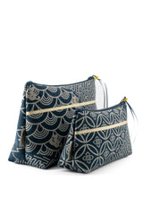 Trousse à maquillage S,M + Pinceau - indigo multi motifs traditionnel - Tissu japonais
