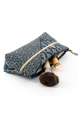 Trousse à maquillage S,M + Pinceau - indigo multi motifs traditionnel - Tissu japonais