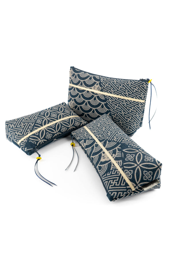 Trousse à maquillage S,M + Pinceau - indigo multi motifs traditionnel - Tissu japonais