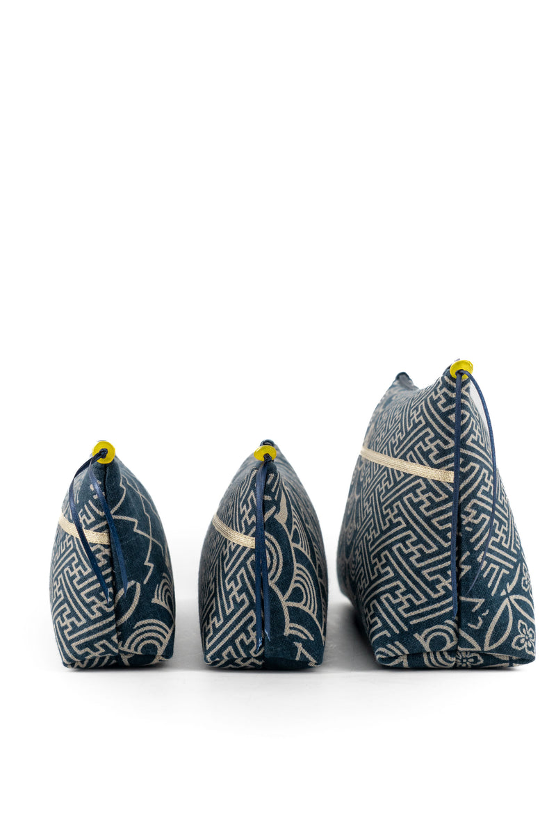Trousse à maquillage S,M + Pinceau - indigo multi motifs traditionnel - Tissu japonais