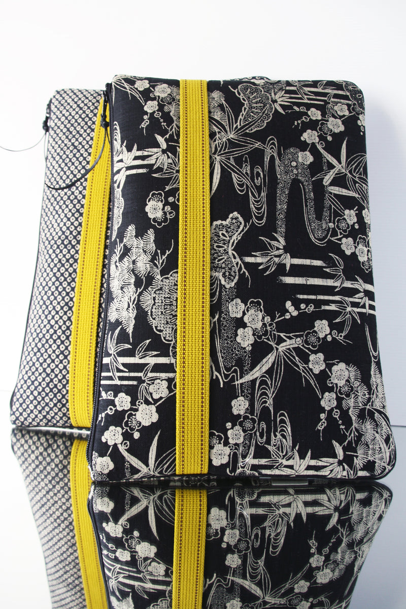 pochette ordinateur tissu traditionnel japonais, motif bambou et shibori